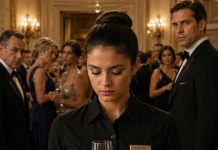 Mon père m’a présentée à la fête de fiançailles de ma sœur comme « la bonne », souriant comme si mon humiliation n’était qu’une autre tradition familiale. Je suis donc restée silencieuse dans l’uniforme noir de serveuse qu’ils m’avaient fait porter, j’ai servi du champagne à des invités qui ne m’ont jamais demandé pourquoi je travaillais au lieu de célébrer, et j’ai laissé ma mère rire avec eux comme si je n’étais rien d’autre que du personnel en plus.